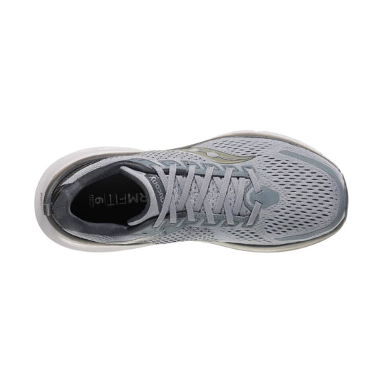Gray low-top running shoe with mesh upper, lace-up closure, and cushioned sole, top view