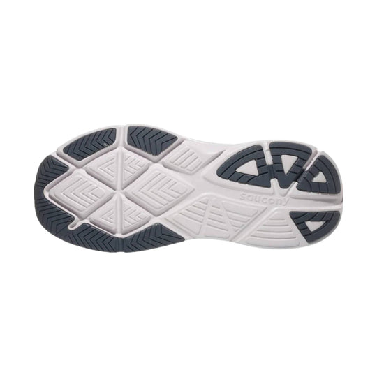 White and dark gray running shoe outsole with geometric tread and embossed Saucony logo