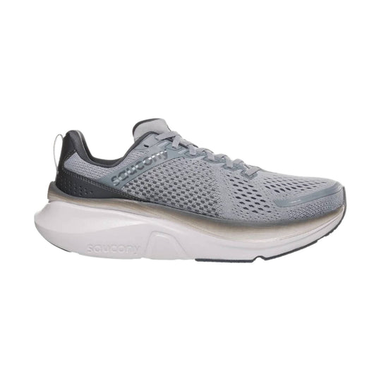 Gray and black running shoe with thick white midsole and Saucony branding