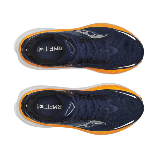 Navy running shoe with orange side panels, white midsole, and lace-up front