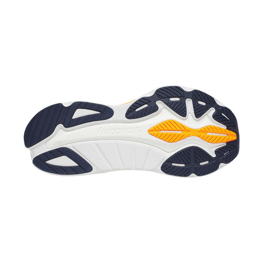 Running shoe outsole with navy rubber pods, white foam midsole, and orange forefoot inserts