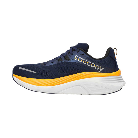 Navy running shoe with a white midsole, yellow accent stripe, and side logo text