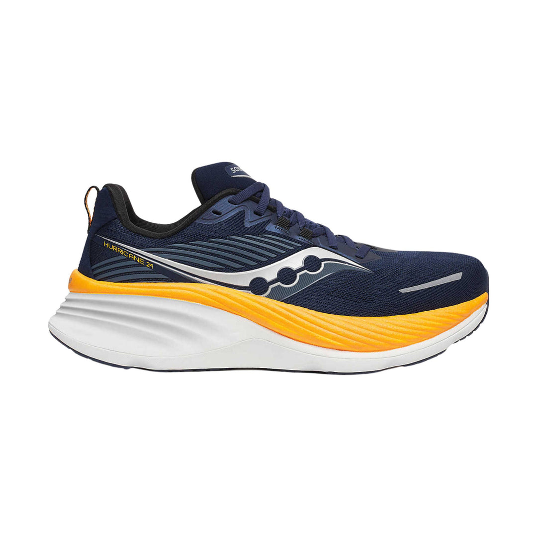 Navy running shoe with white-and-orange cushioned sole and side branding