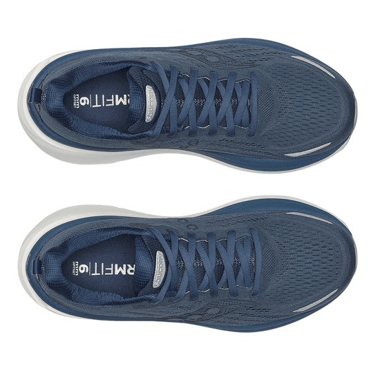 Pair of blue running shoes, top view, with white soles and visible tongue and insole branding.