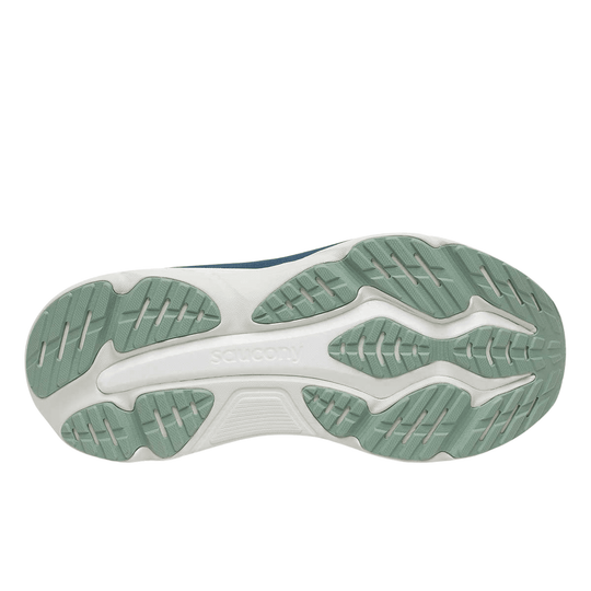 White running shoe outsole with mint-green traction pods and embossed Saucony logo