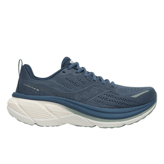 Blue knit running shoe with thick white cushioned sole and side logo