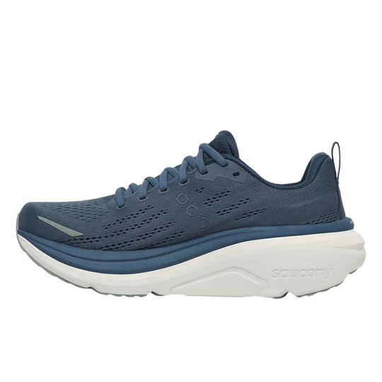 Blue athletic running shoe with knit upper, thick white cushioned sole, and side perforation details