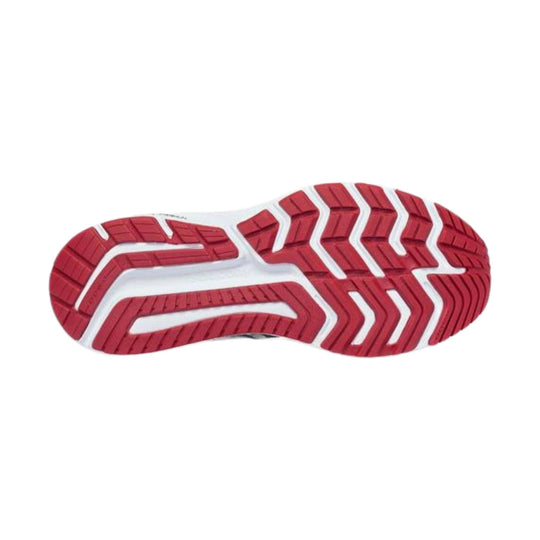 Red and white athletic shoe outsole with segmented traction tread