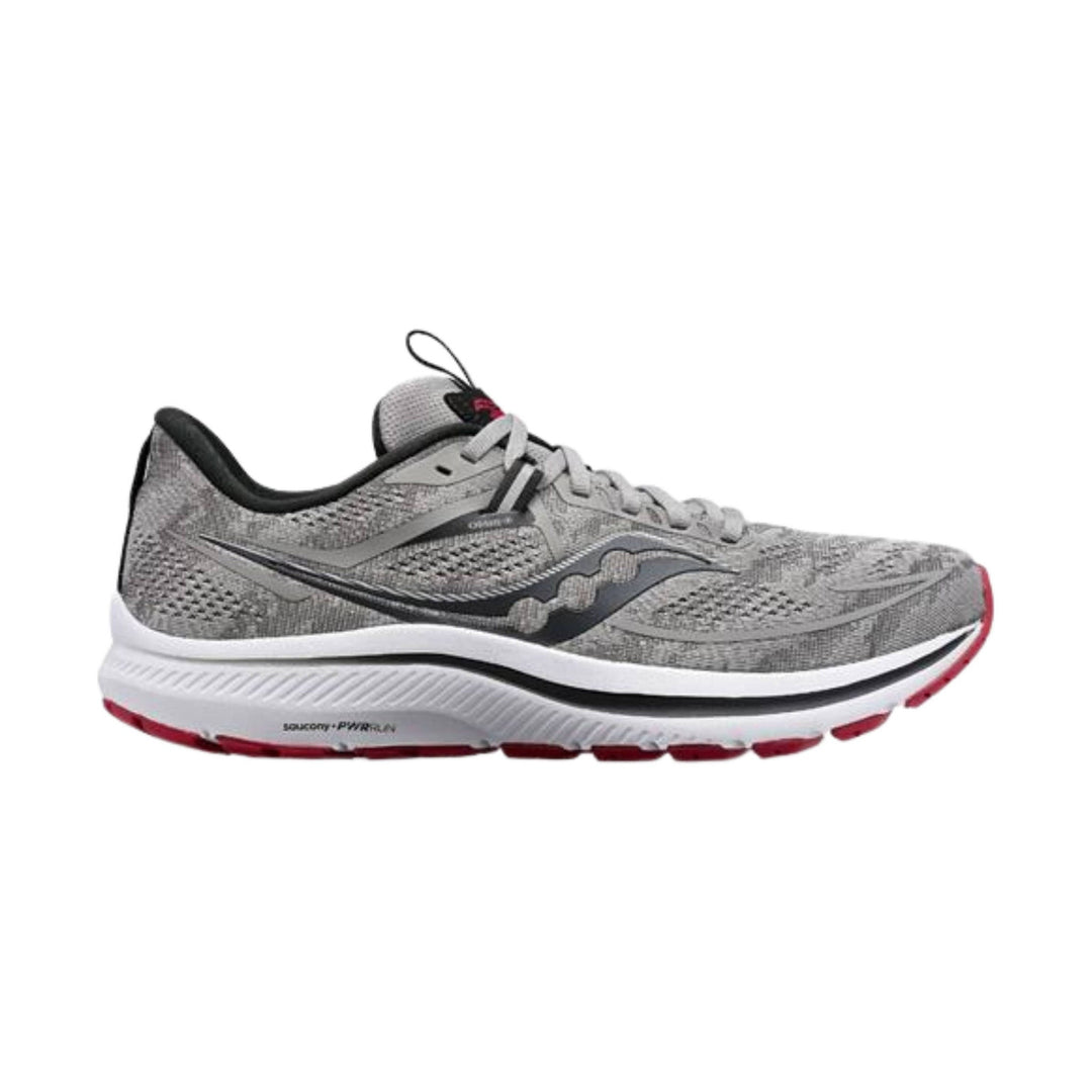Gray running shoe with black trim, white midsole, and red outsole accents