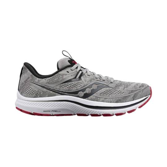 Gray running shoe with black trim, white midsole, and red outsole accents