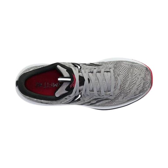 Gray running shoe with white laces, black trim, and a red insole, shown from above