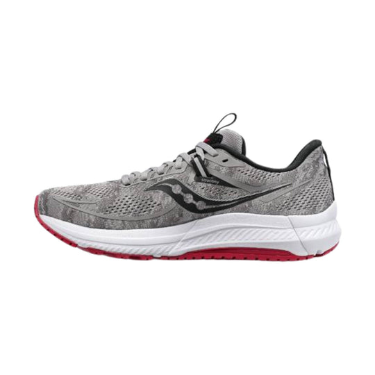 Gray running shoe with black side logo, white midsole, and red outsole accents