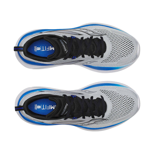 Pair of silver and blue running shoes with black laces and mesh uppers, shown from above
