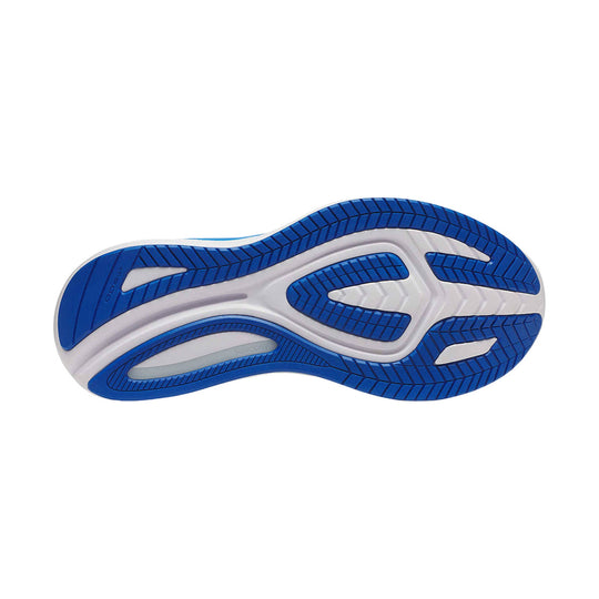Blue and white running shoe outsole with segmented tread
