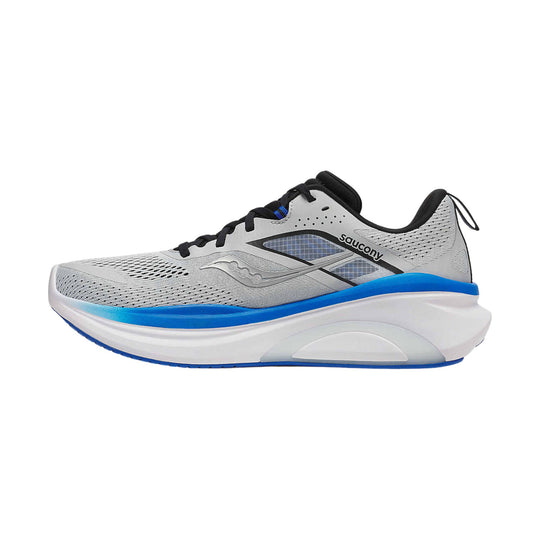 Gray and blue running shoe with black laces and cushioned white sole