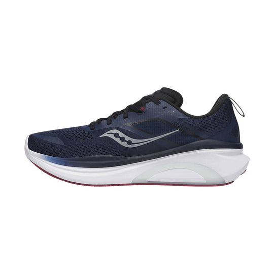 Navy running shoe with black laces, white cushioned midsole, and silver side logo