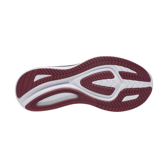 Maroon and white running shoe outsole with segmented tread pattern and cutout channels