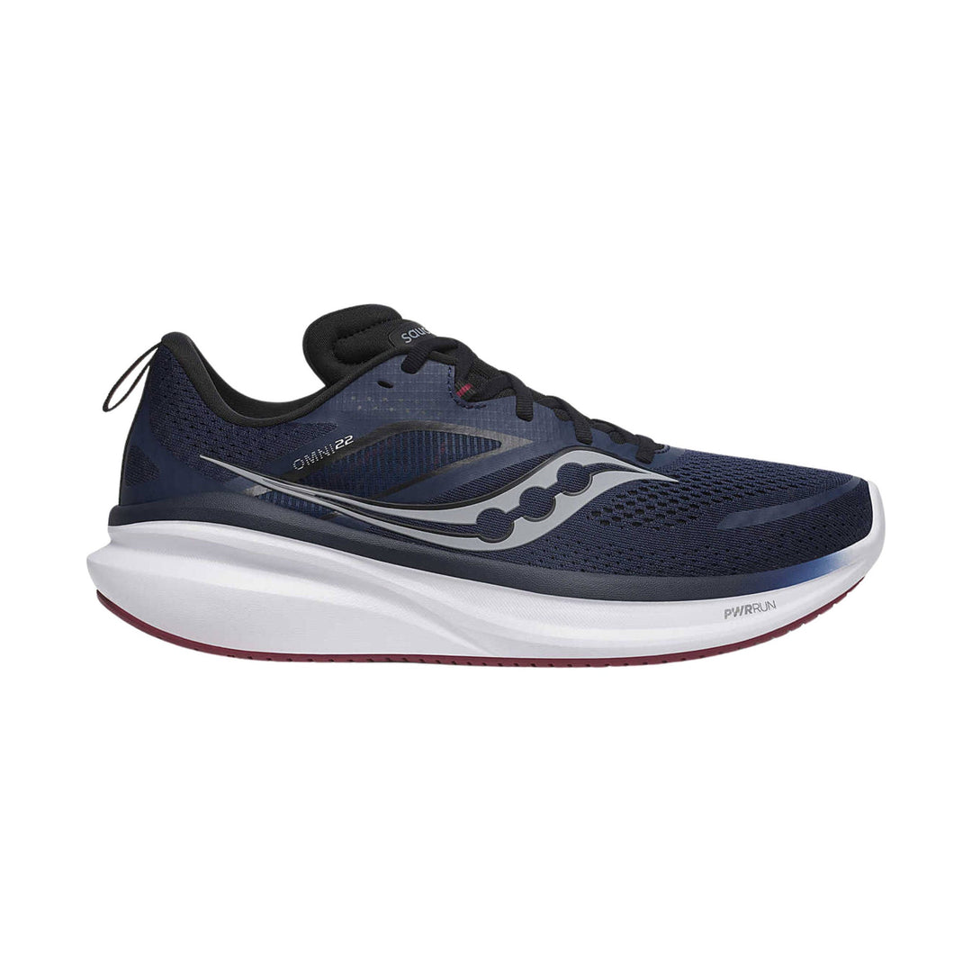 Navy blue running shoe with a thick white midsole and black laces, side view