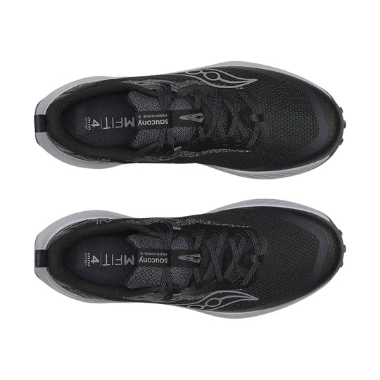 Black low-top trail shoe with gray sole and laces, shown in top view
