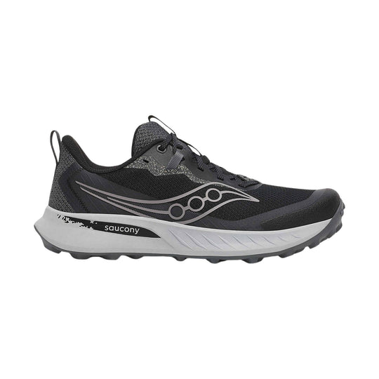 Black trail running shoe with a gray midsole, textured mesh upper, and side logo