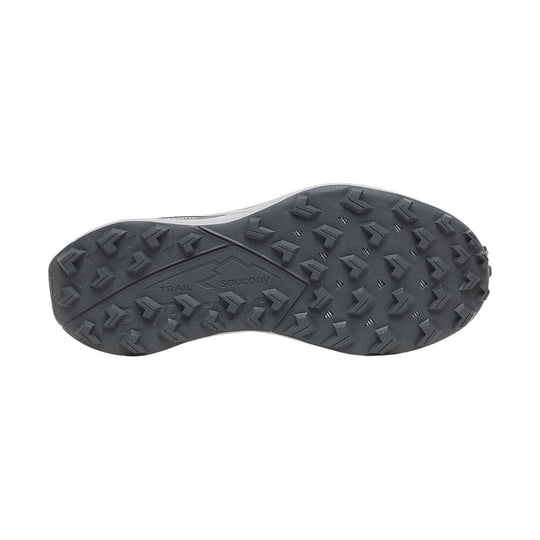 Black trail shoe outsole with deep lugged tread and visible brand text
