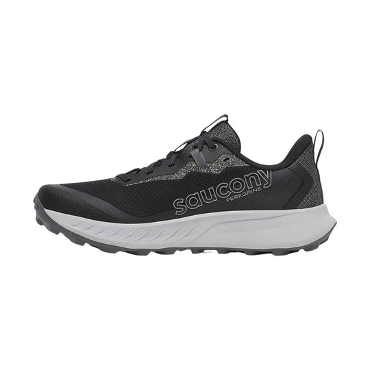 Black trail running shoe with white midsole and rugged outsole, shown in side profile