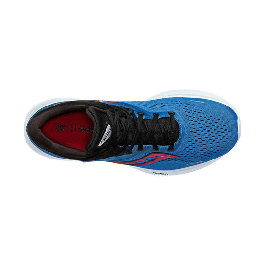 Blue running shoe with black laces, white sole, and red interior, shown from above