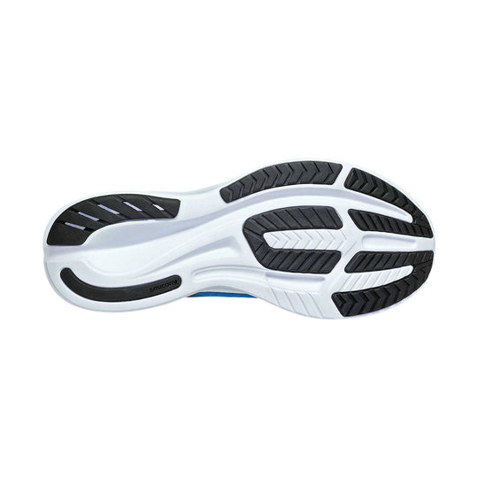 White running shoe outsole with black traction pods and molded grooves