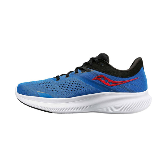 Blue and black running shoe with a white midsole, black laces, and a red side logo, shown in profile.