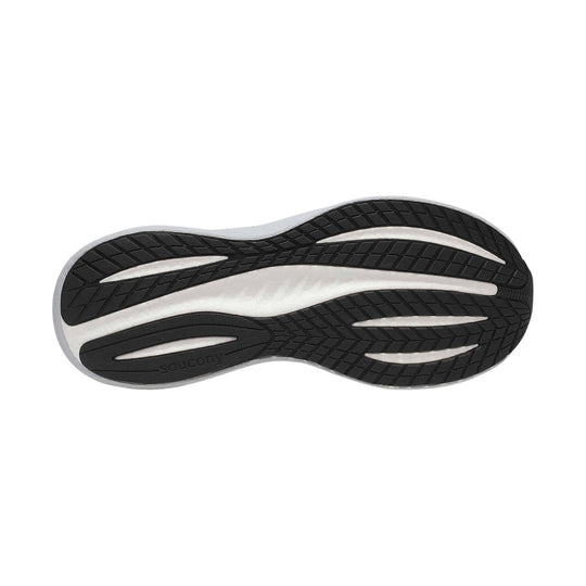 Black running shoe outsole with white foam midsole sections and curved tread grooves