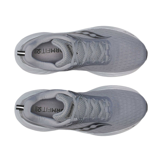 Pair of light gray running shoes with mesh uppers, lace-up closure, and thick white soles, shown from above.