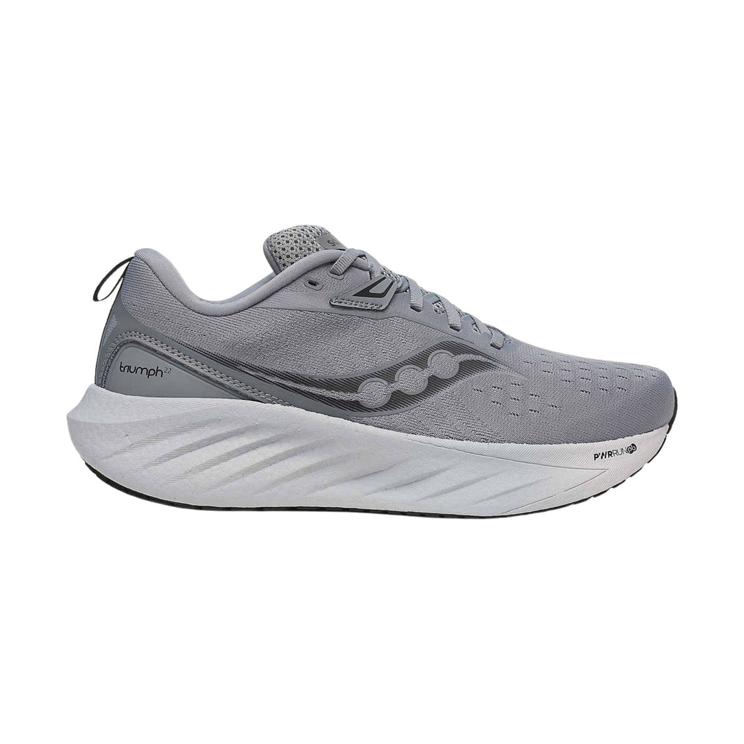Gray running shoe with thick white foam sole and black heel loop