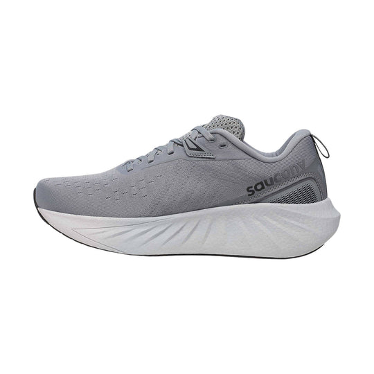 Gray low-top running shoe with thick white foam sole and visible Saucony logo on the side