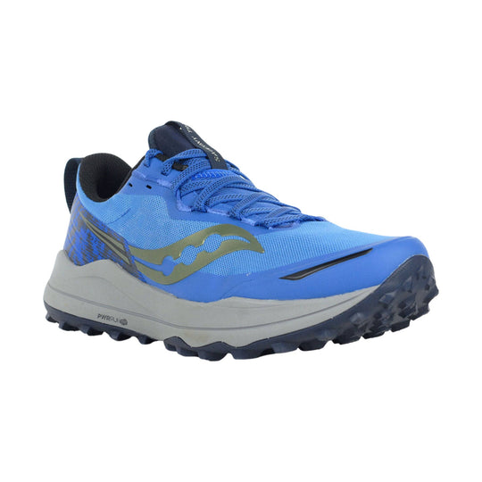 Blue trail running shoe with mesh upper, bungee laces, and lugged outsole