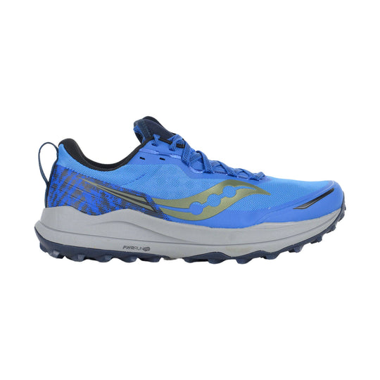 Blue trail running shoe with black trim, mesh upper, laced closure, and lugged outsole