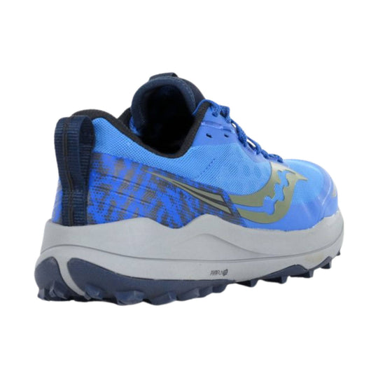 Blue and navy trail running shoe with rugged lugged outsole, side logo, and rear pull tab