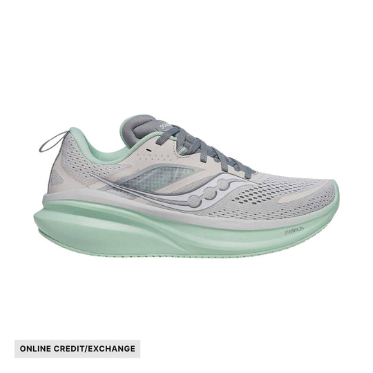 Gray and mint running shoe in side view with thick cushioned sole and mesh upper; ONLINE CREDIT/EXCHANGE