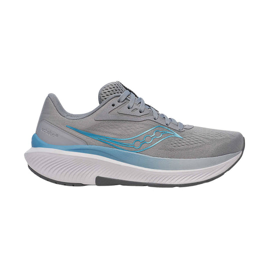 Gray running shoe with blue accents, mesh upper, and side logo detail