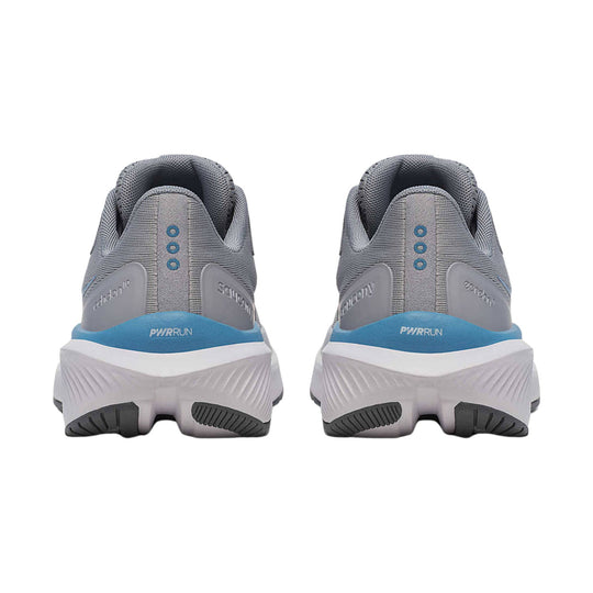Rear view of gray running shoes with blue accents, thick white midsoles, and PWRRUN text on the heels