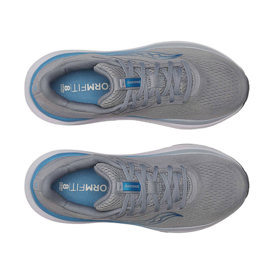 Pair of gray running shoes with blue insoles, gray laces, and blue side accents, shown from above