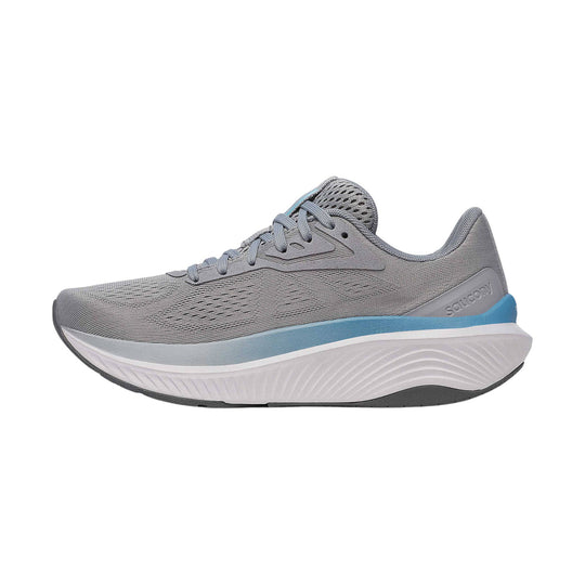 Gray running shoe with blue heel accent and thick white cushioned sole, side view