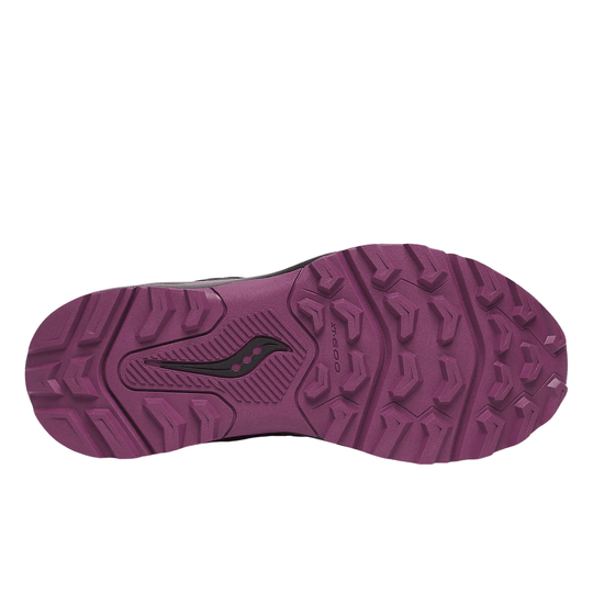 Purple trail shoe outsole with deep lug tread and a black logo cutout