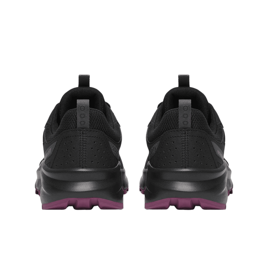 Black trail running shoes with plum outsoles, rear view