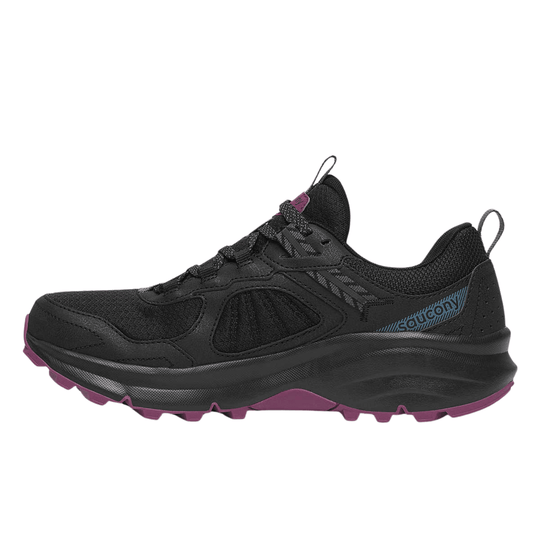 Black trail running shoe with purple outsole and blue side logo, shown in profile