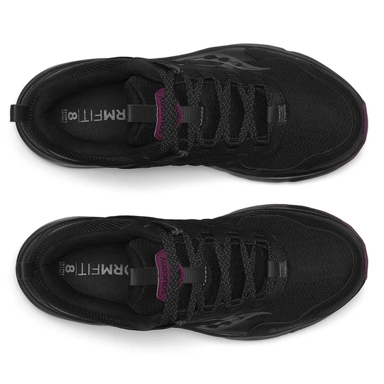Black low-top trail running shoes shown in top view with bungee laces and purple Saucony tongue tabs