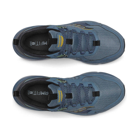 Blue low-top trail running shoes with bungee laces, black collars, and mesh uppers, shown from above