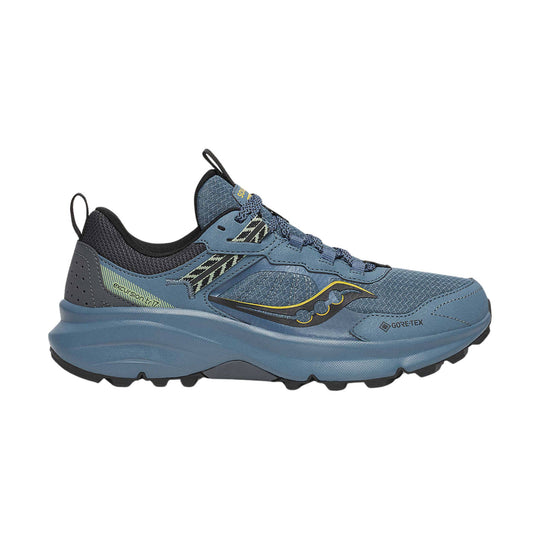 Blue low-top trail shoe with bungee laces, black heel collar, and lugged sole