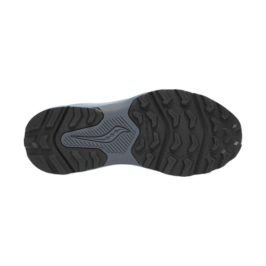 Trail shoe outsole with black lugged tread and a gray midfoot section