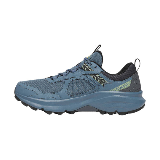 Blue low-top trail shoe with black collar, bungee laces, and rugged lugged sole