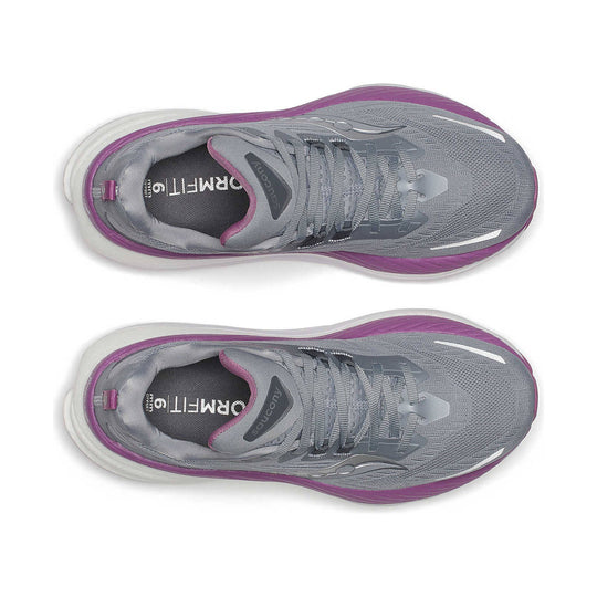 Gray running shoes with purple trim, white midsoles, and visible laces, shown from above.